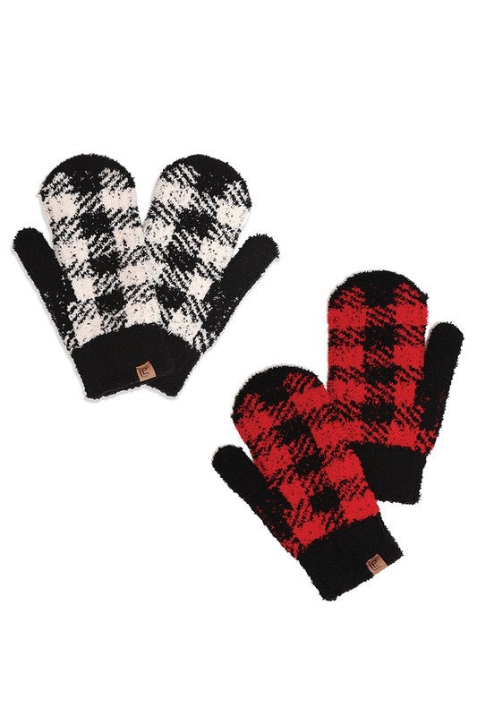 Buffalo Plaid Plush Mittens in both colors side by side