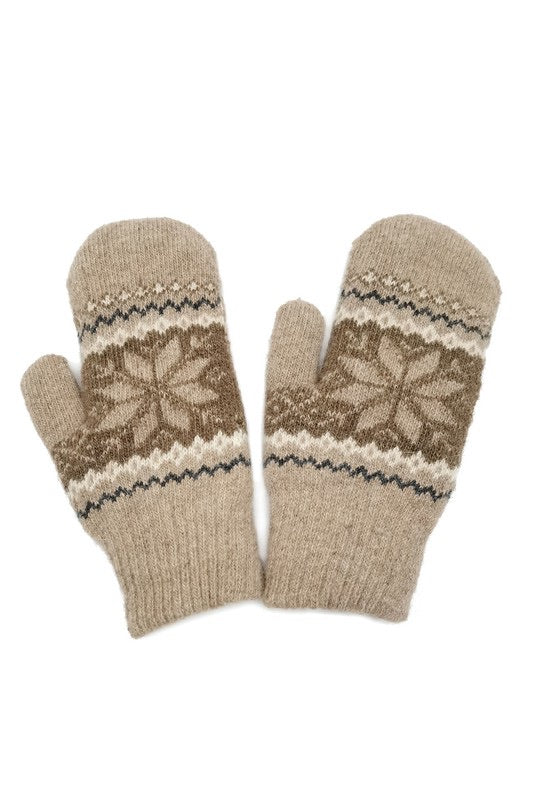 Tan and brown nordic snowflake mittens