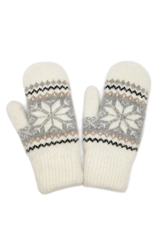 Ivory and grey nordic snowflake mittens