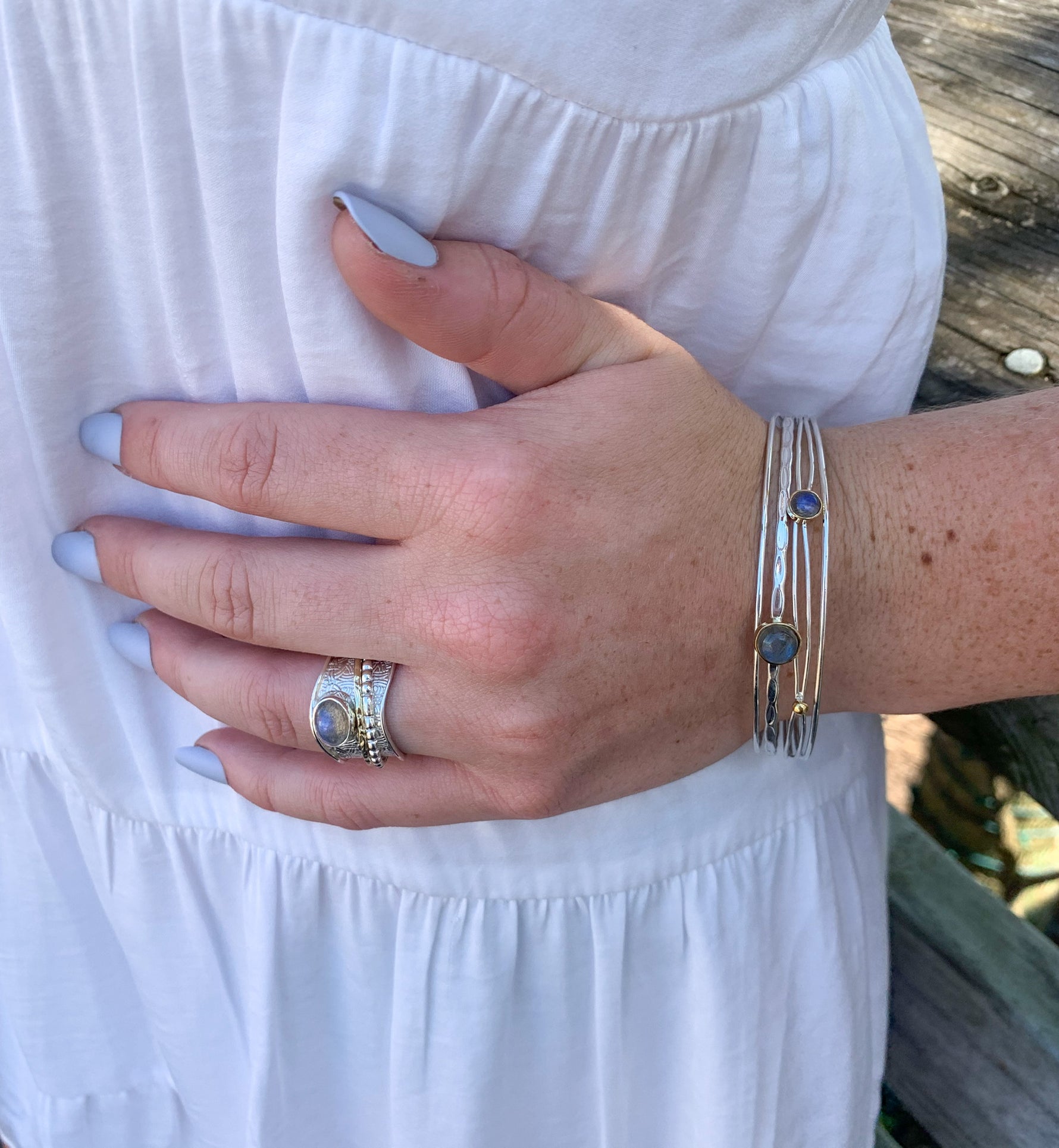 Sabrina Labradorite nh Ring on model paired with Serendipity Labradorite nh Cuff