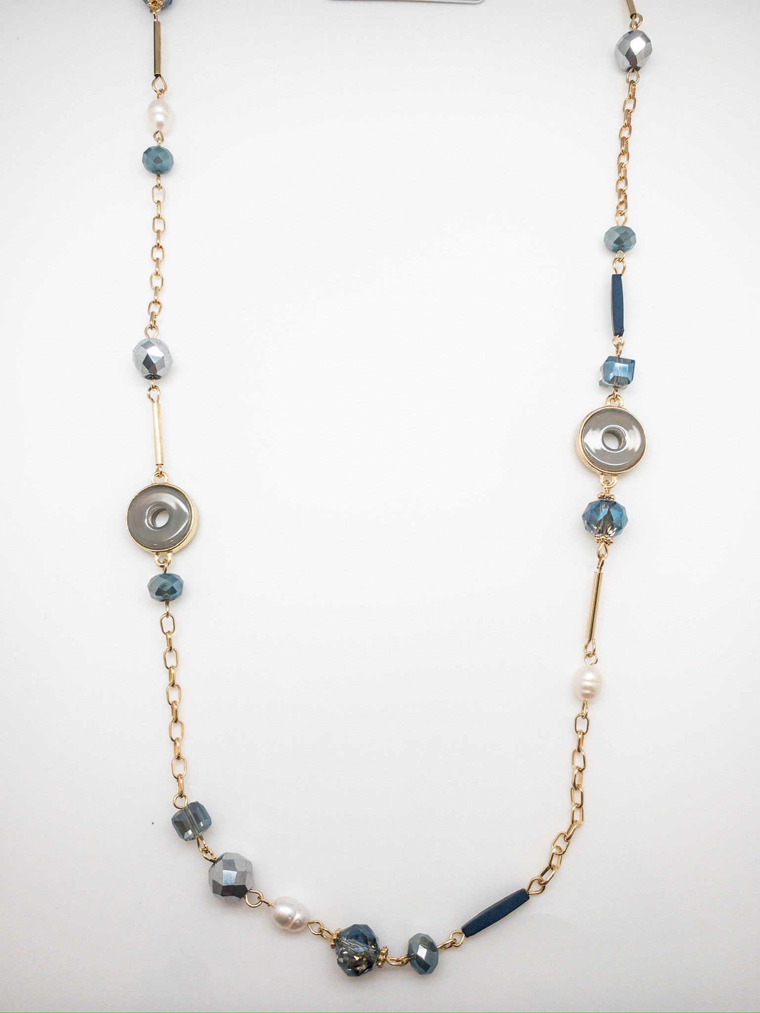 Faryn Necklace. Gold chained with blue and pearl bead accents