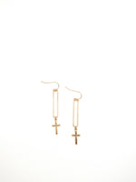 Gold Naomi dangle earrings with a cross at bottom