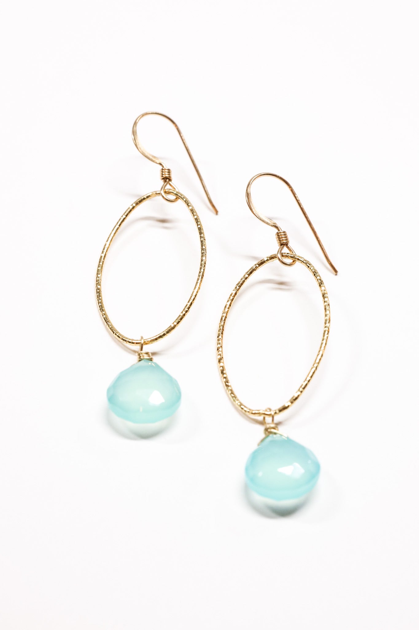 Georgina Peruvian Chalcedony long drop earrings flat lay 