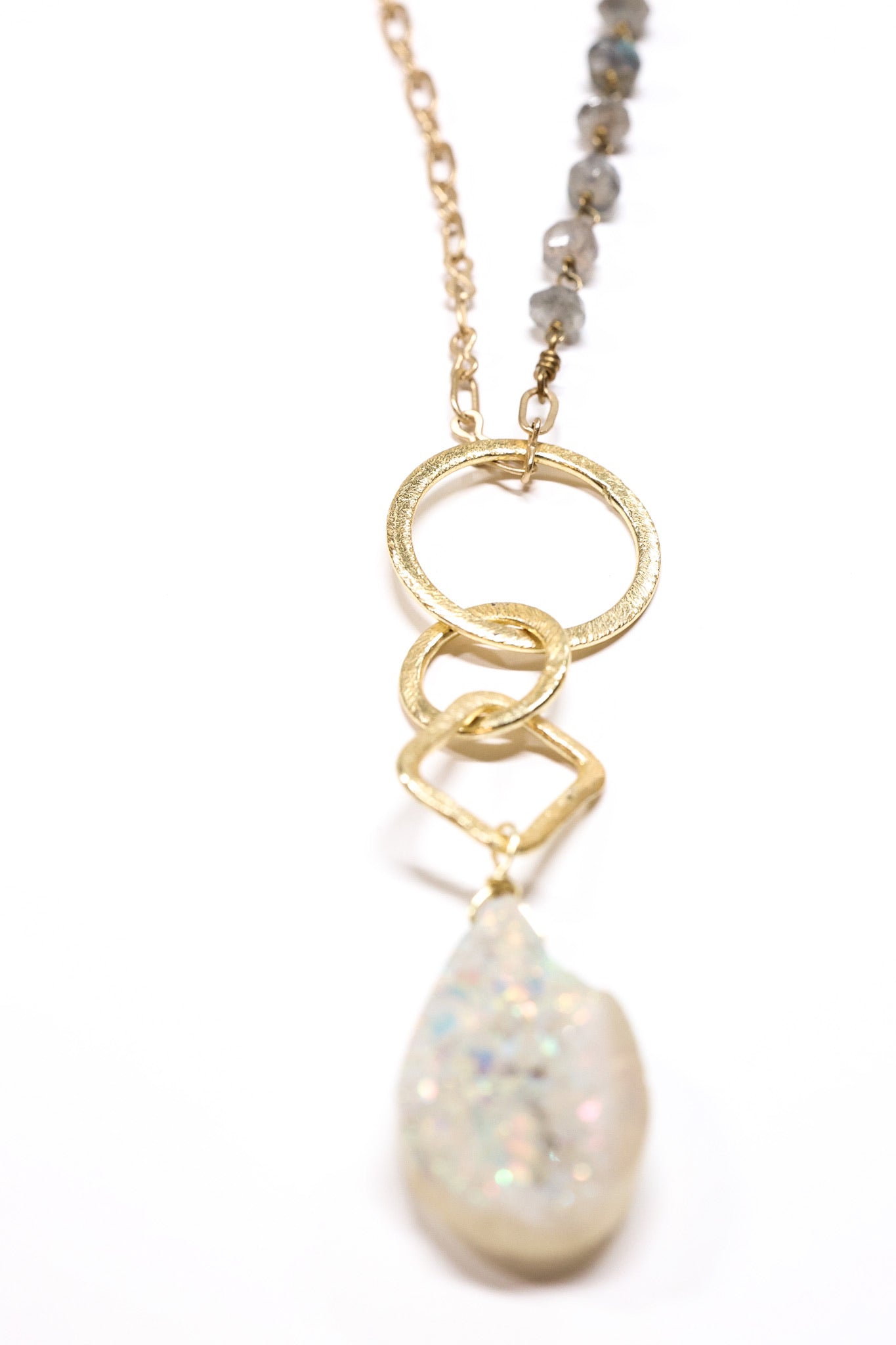 labradorite is shown on chain with the drusy necklace