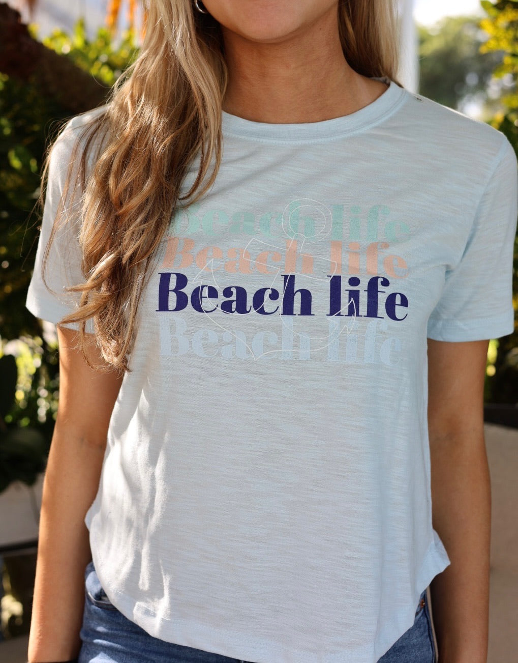 sky blue beach life top on model 