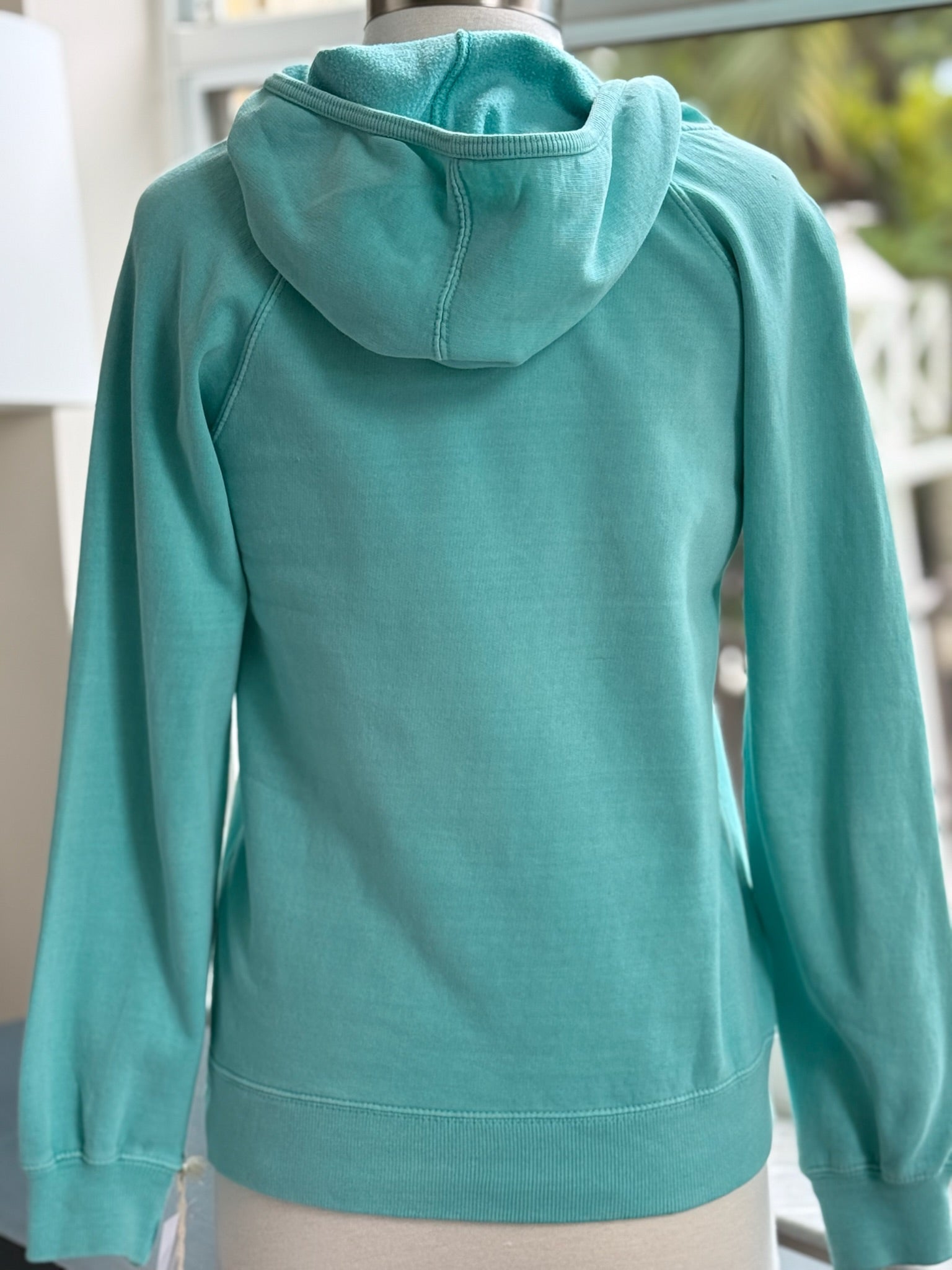 back view of aqua blue hoodie on mannequin. nothing printed on back