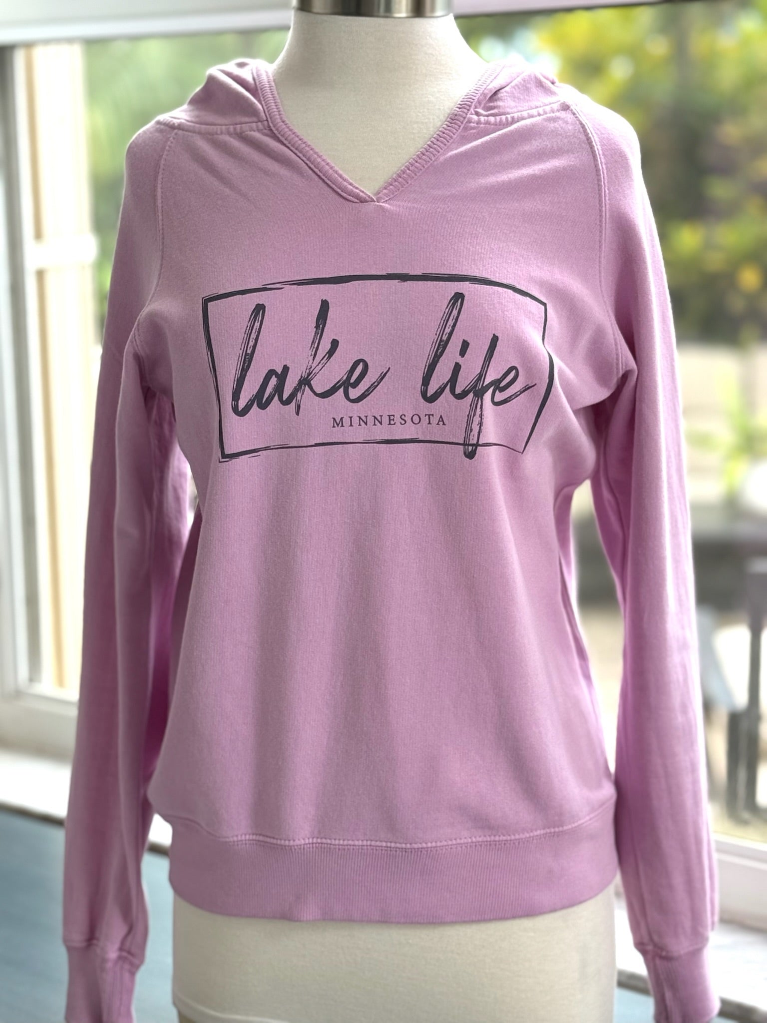 lake life Minnesota hoodie in orchid purple color (front view on mannequin)