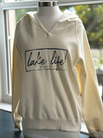 lake life Minnesota hoodie in vanilla color (front view on mannequin)