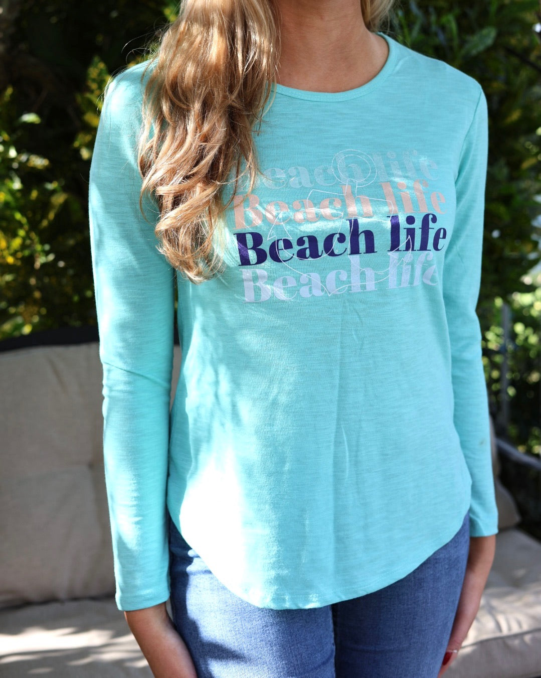 Caribbean Blue Long sleeve beach life top.