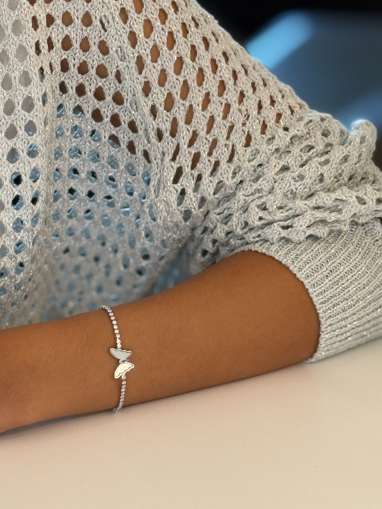 Sparkly Mother of Pearl Butterfly Bracelet in Silver