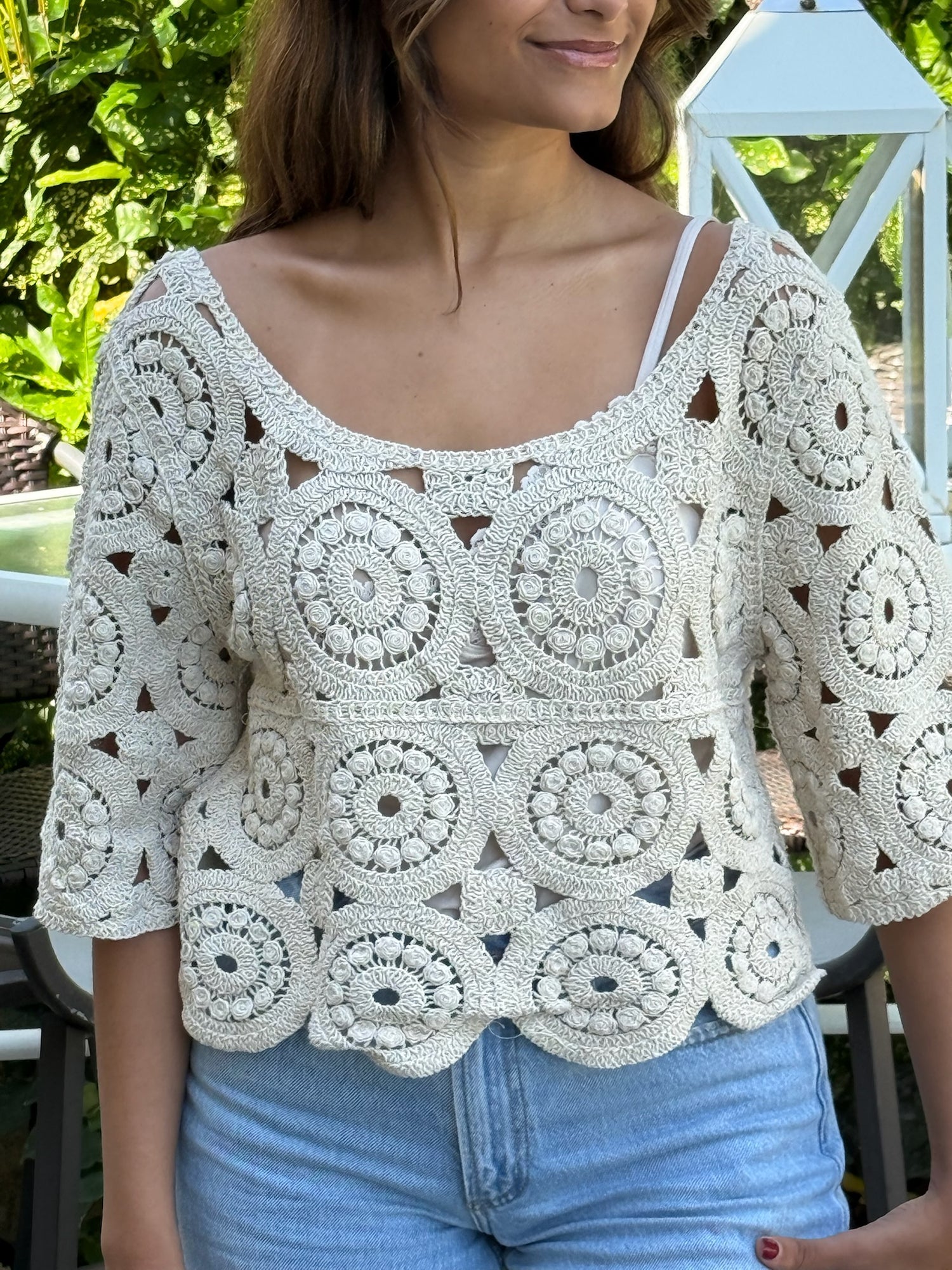 Tagen Lace Crotchet Top in Beige