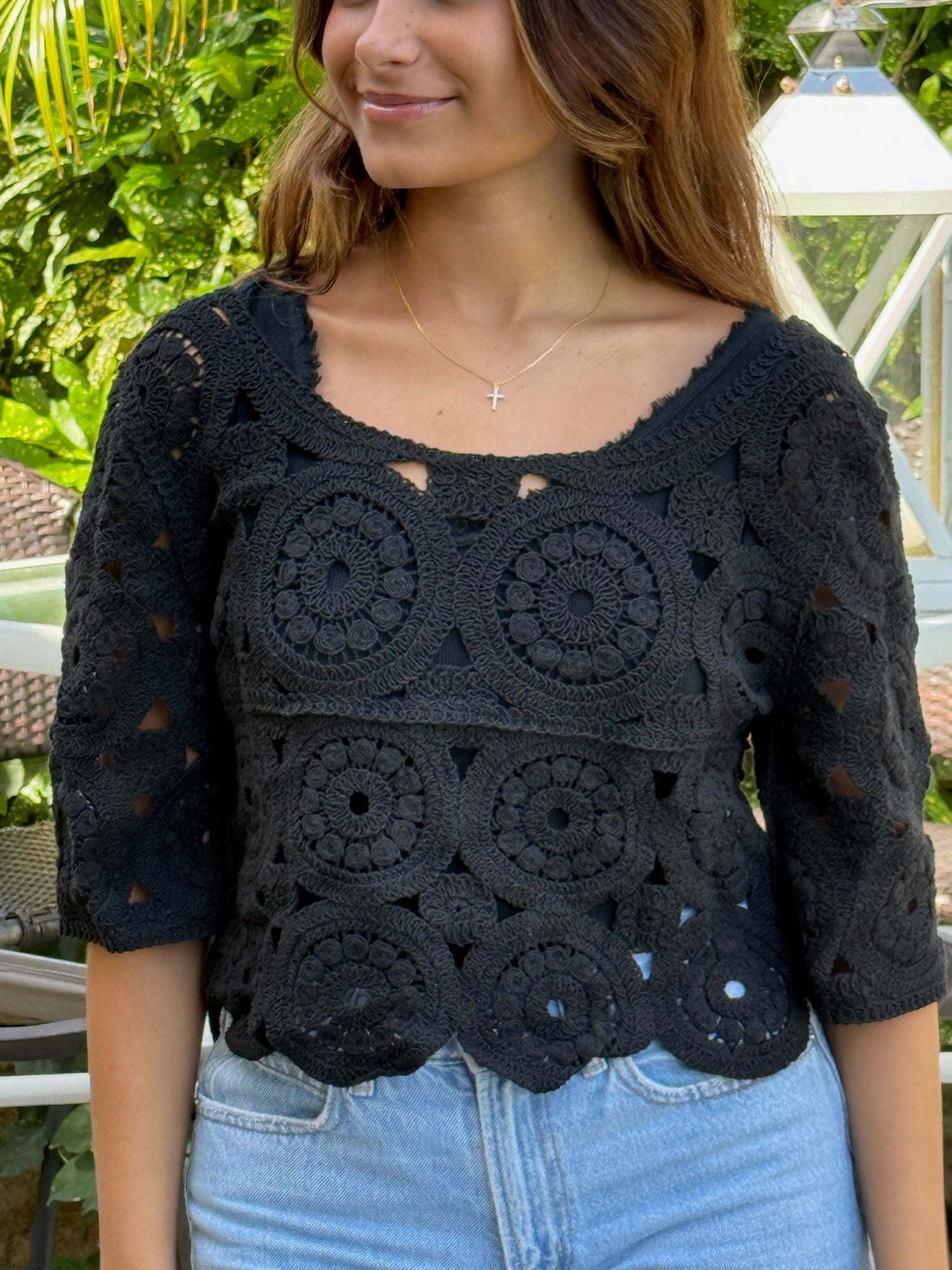 Tagen Lace Crotchet Top in Black