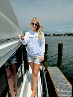 Beach Life SPF shirt in white long sleeve on model 