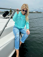 Pensacola Beach Beach Life hoodie in aqua on Model 