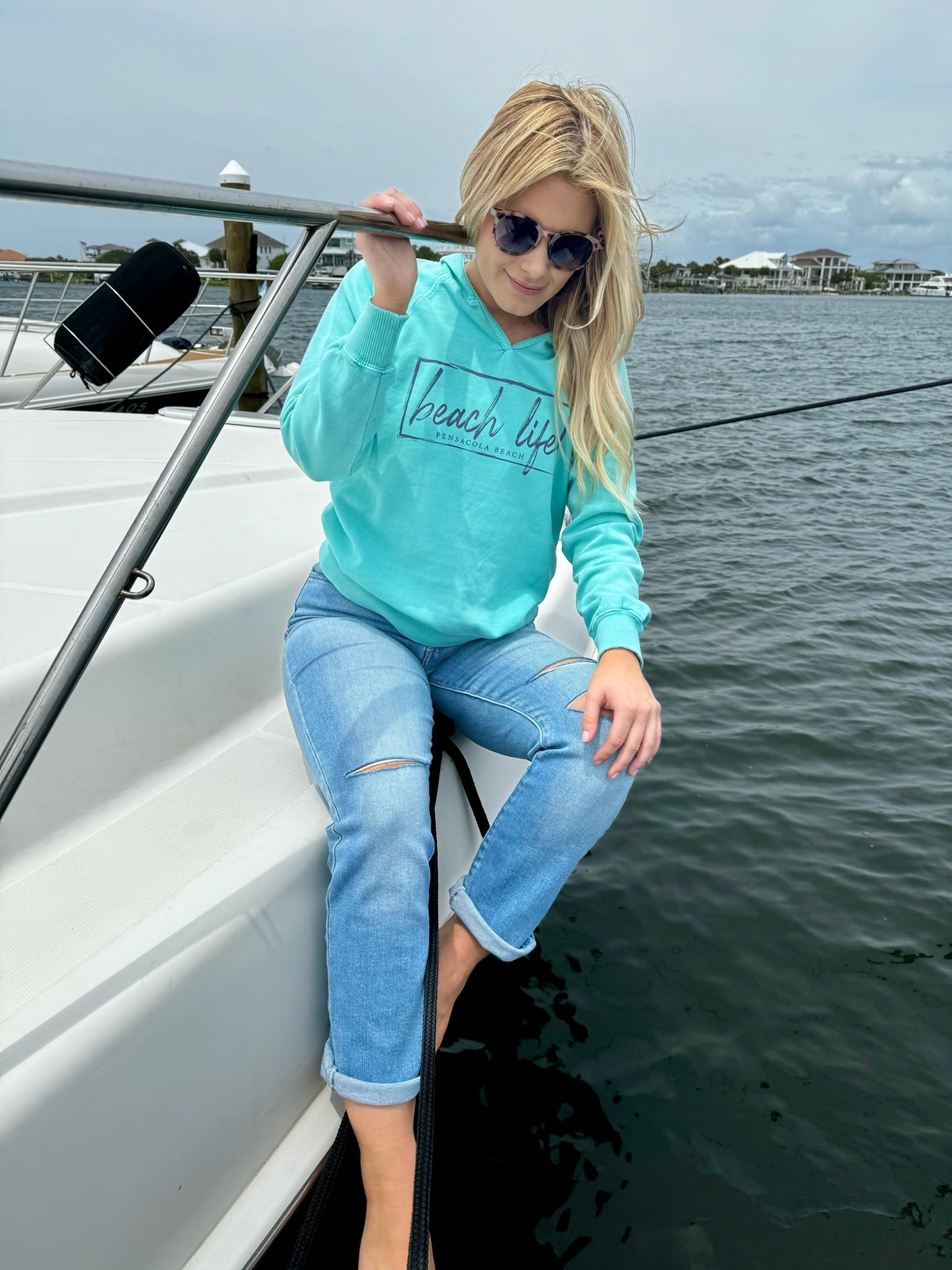 Pensacola Beach Beach Life hoodie in aqua on Model 