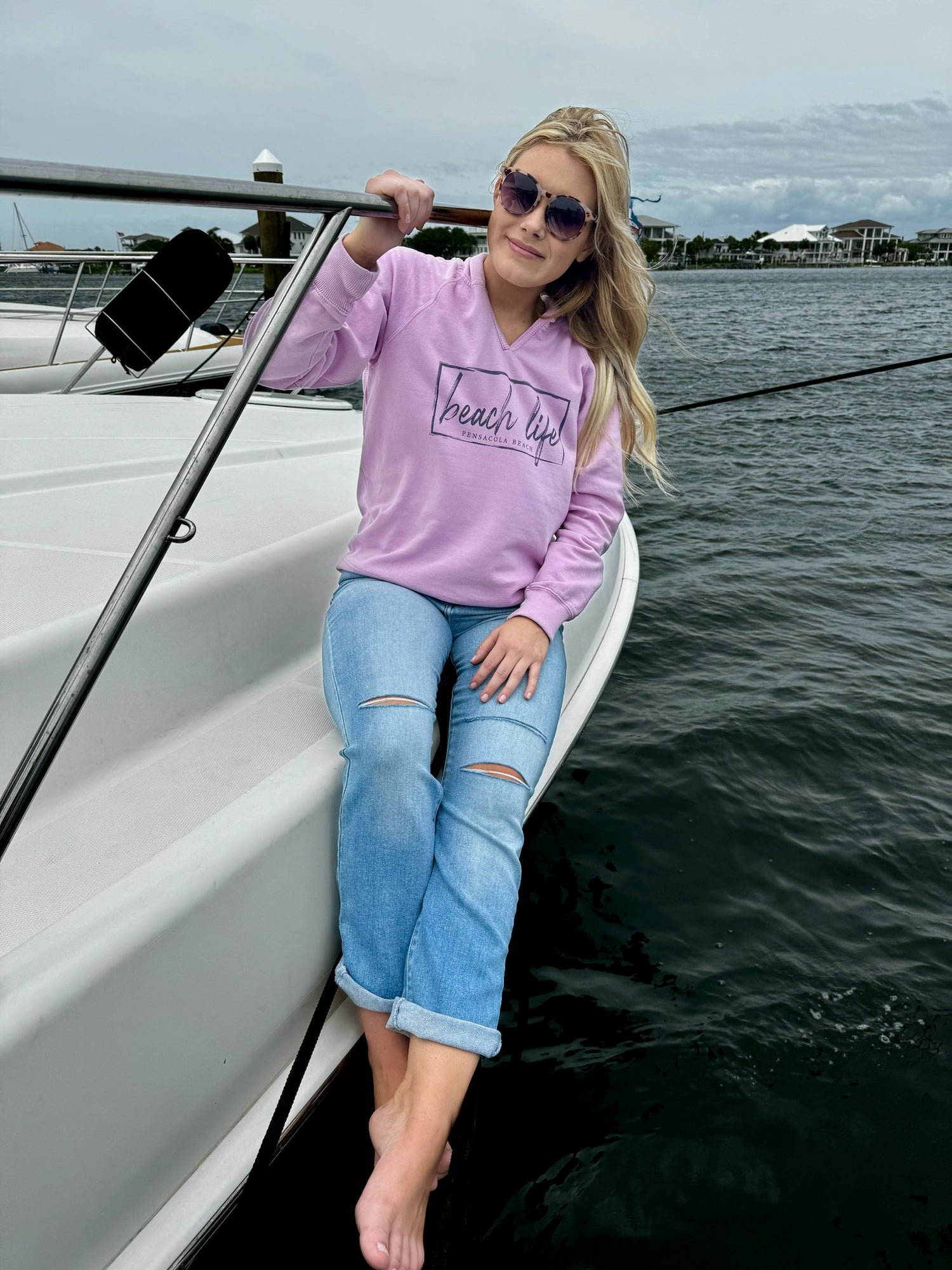 Pensacola Beach Beach Life Hoodie in Berry on model