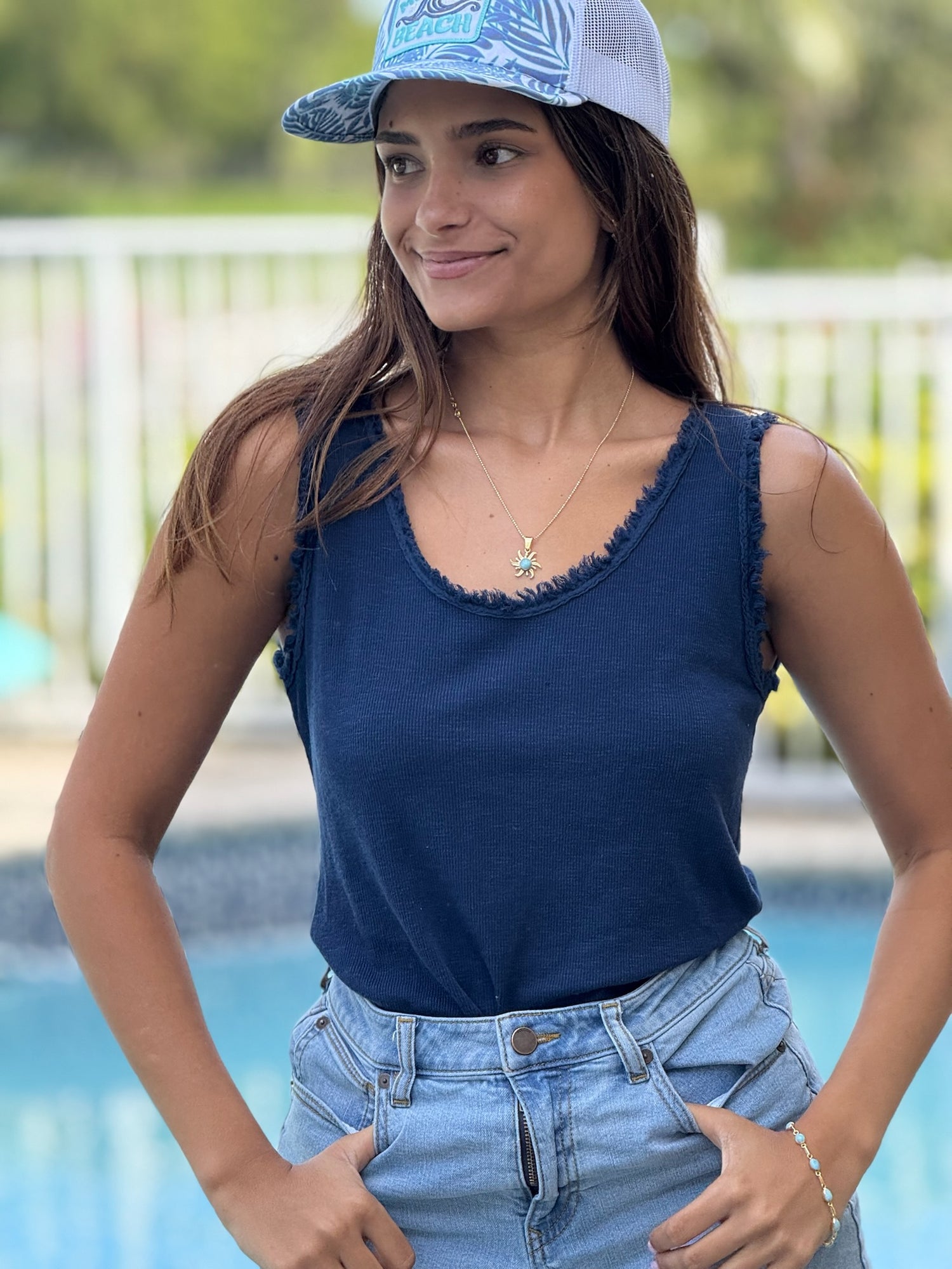 Lori Raw Edge Tank in Navy