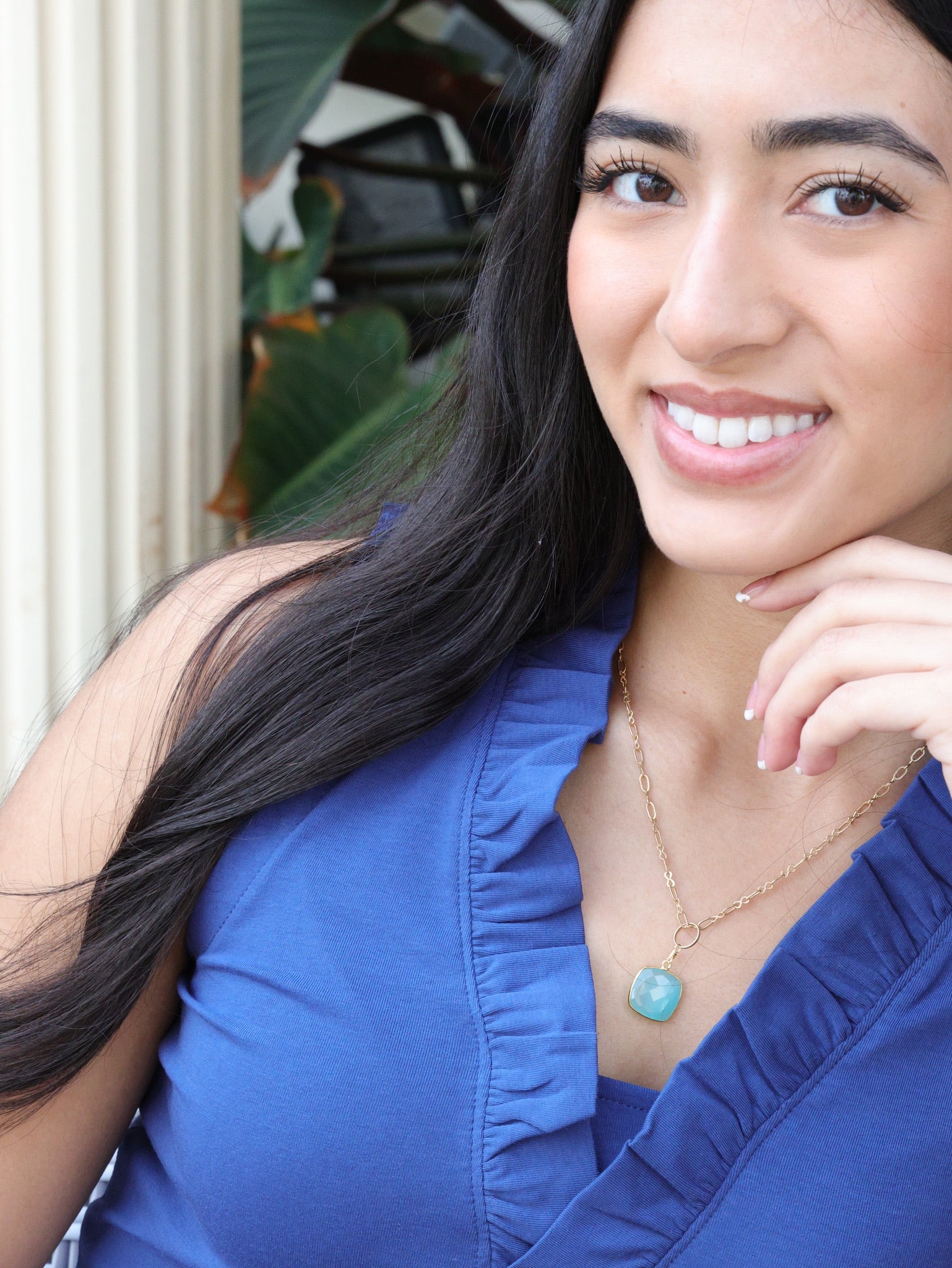 Aqua chalcedony necklace on model 