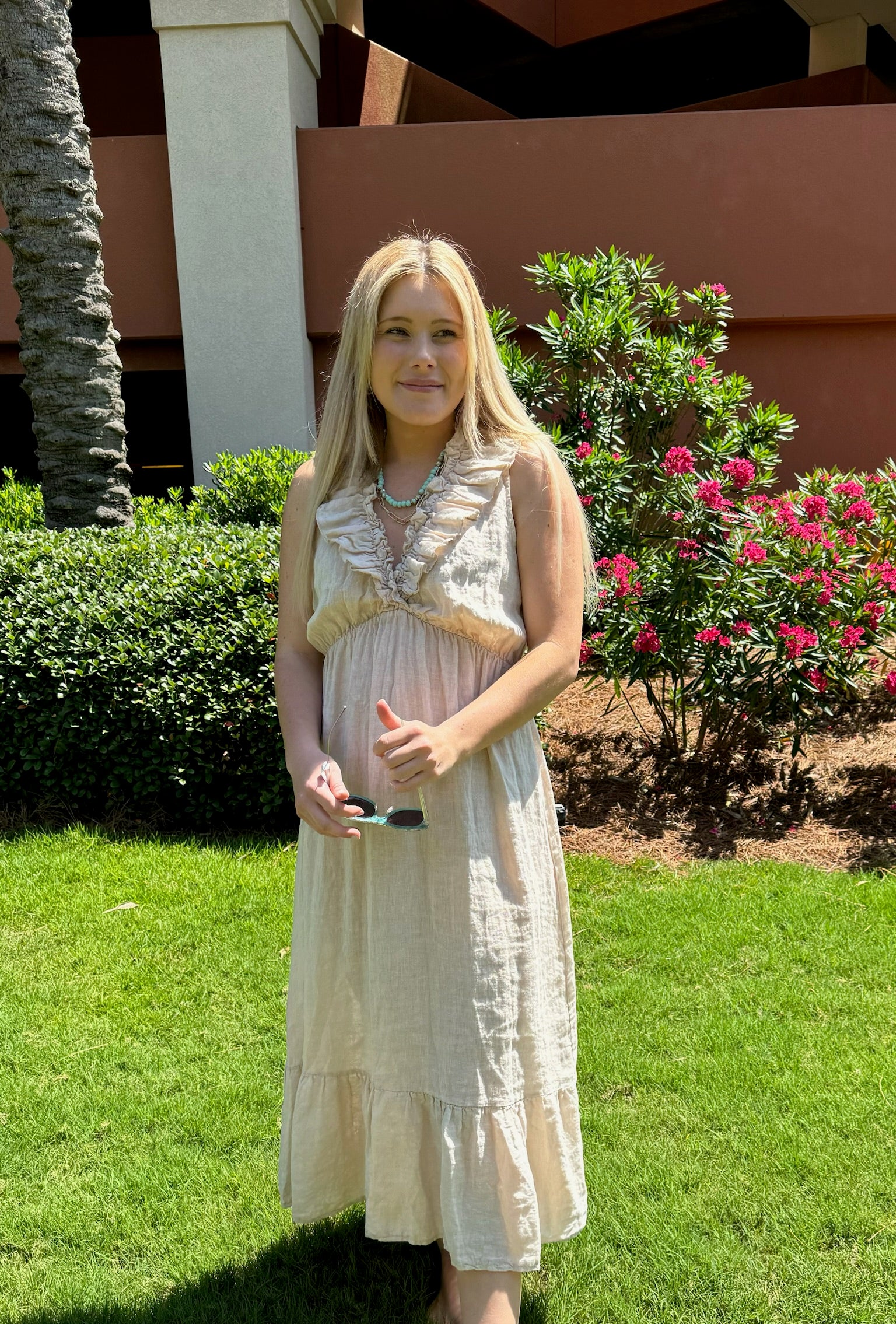 Sadie Dress in beige shown on model 