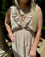 Top of Sadie dress in beige shown on model