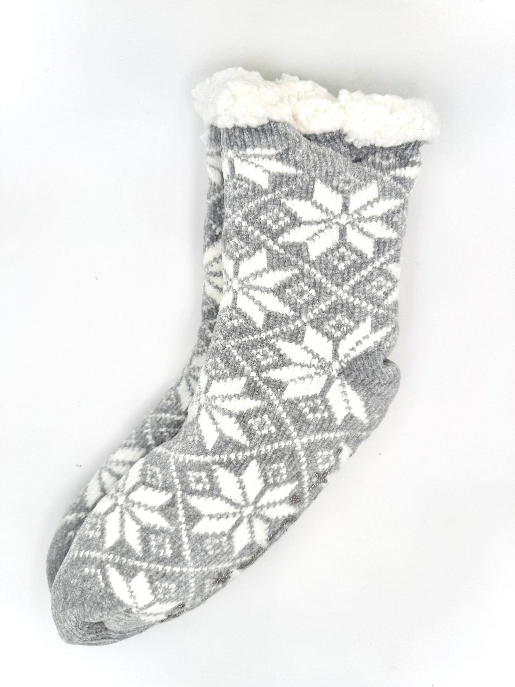 Grey and white snowflake sherpa lined slipper socks