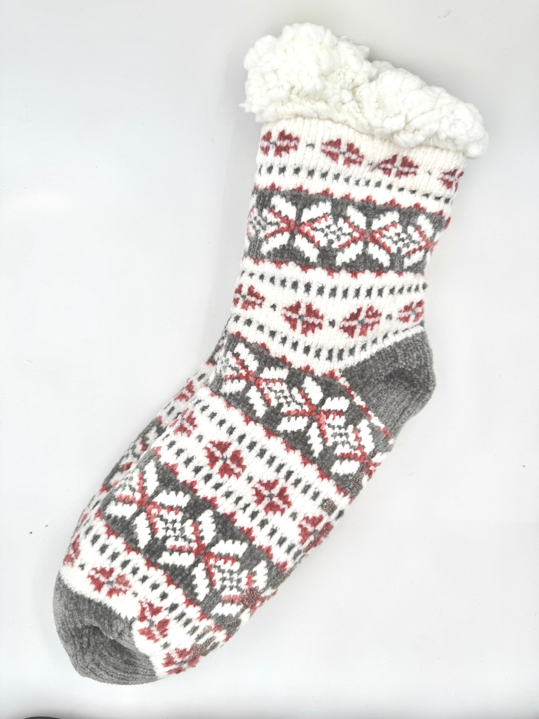 Grey and red pattern sherpa lined slipper socks