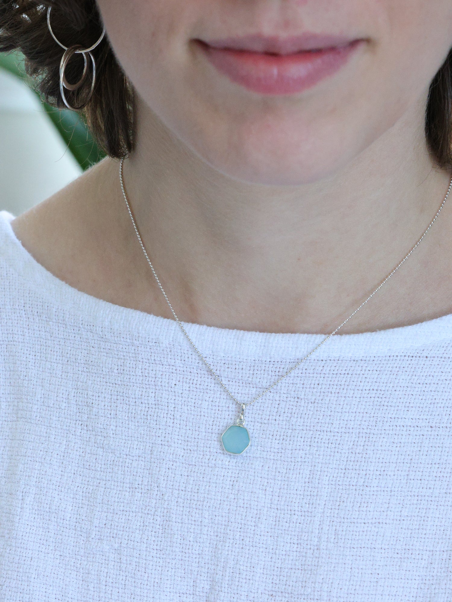 Aqua chalcedony hexagon pendant necklace -silver