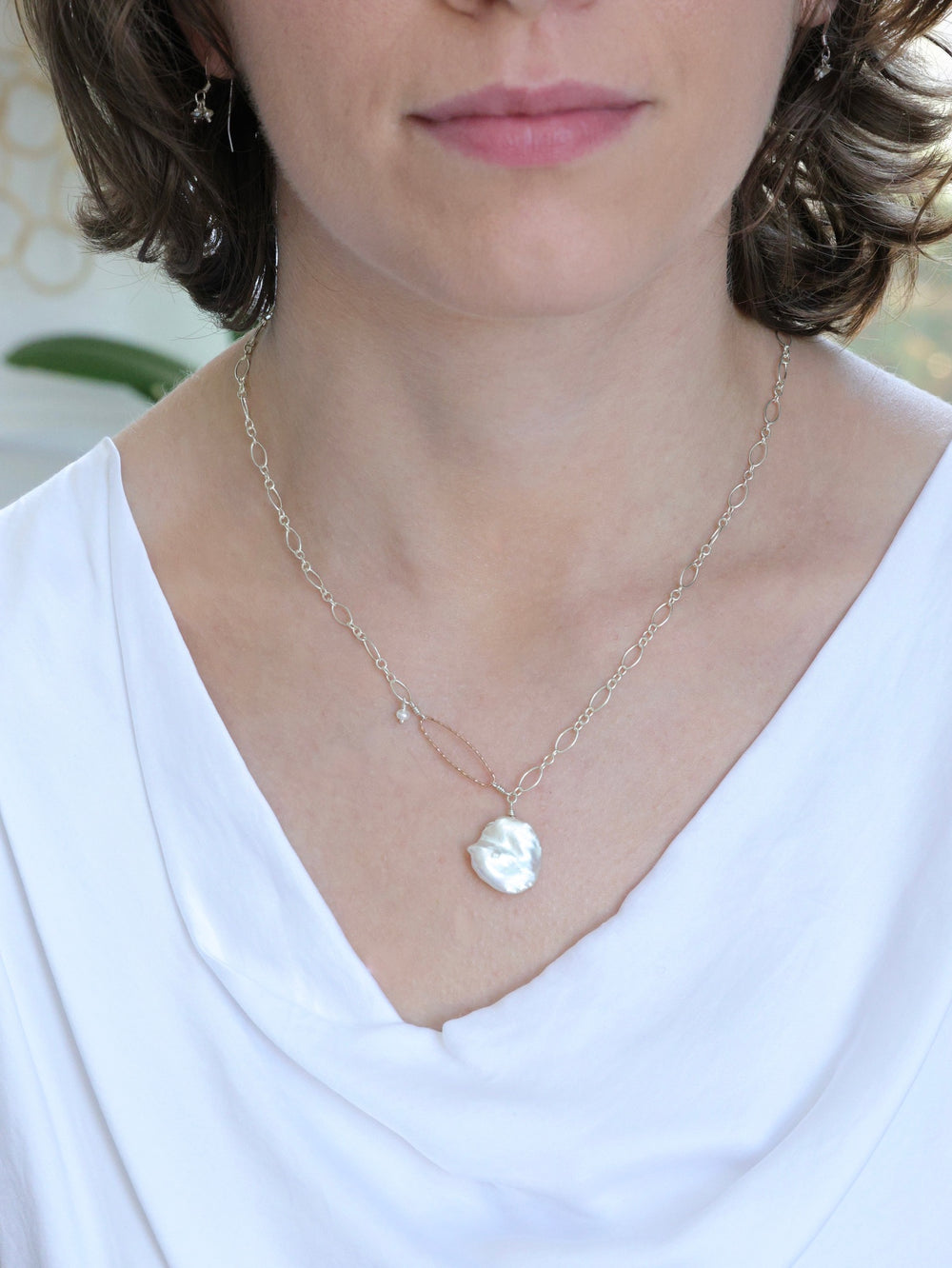 Veronica White Keshi freshwater pearl nh necklace silver and rose gold