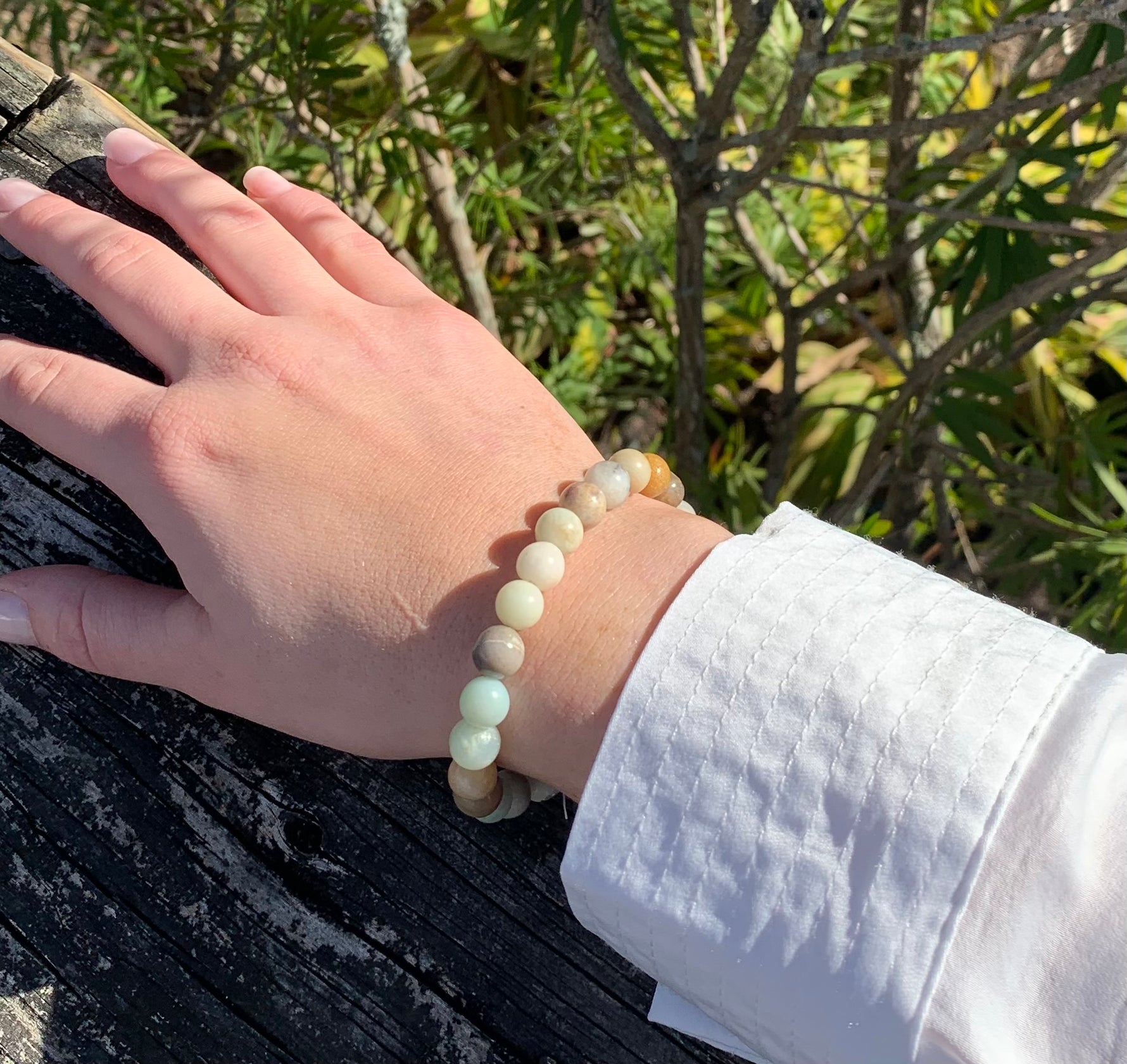 Amazonite bracelet. neutrals, blues, greens on model. 