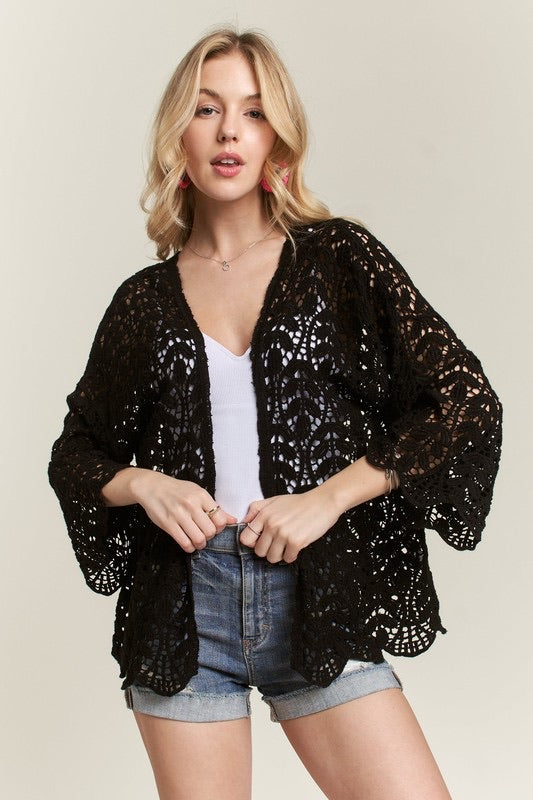 Irene Crochet Cardigan in Black front view 