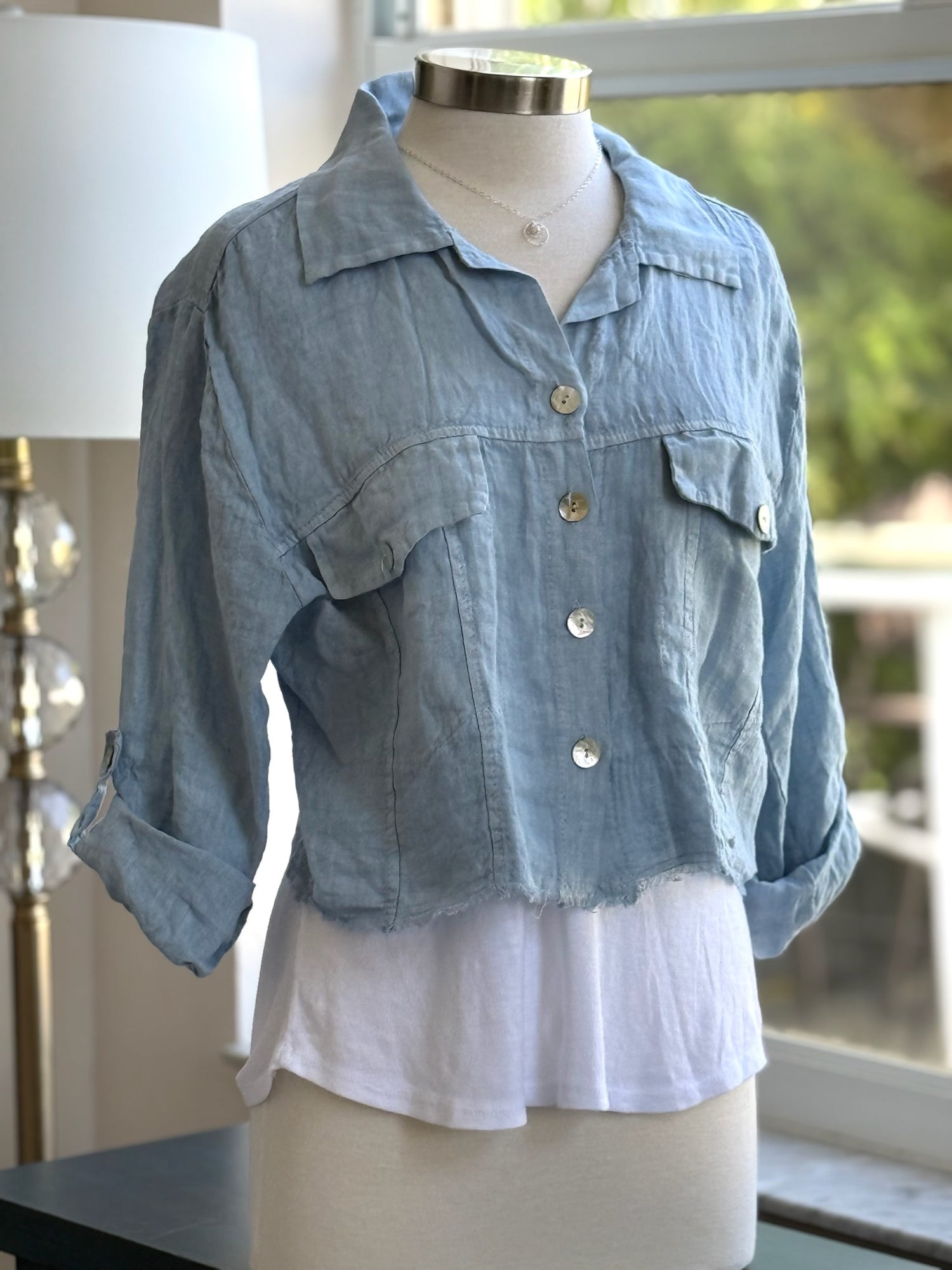 Julia Light Blue Linen Jacket front view 