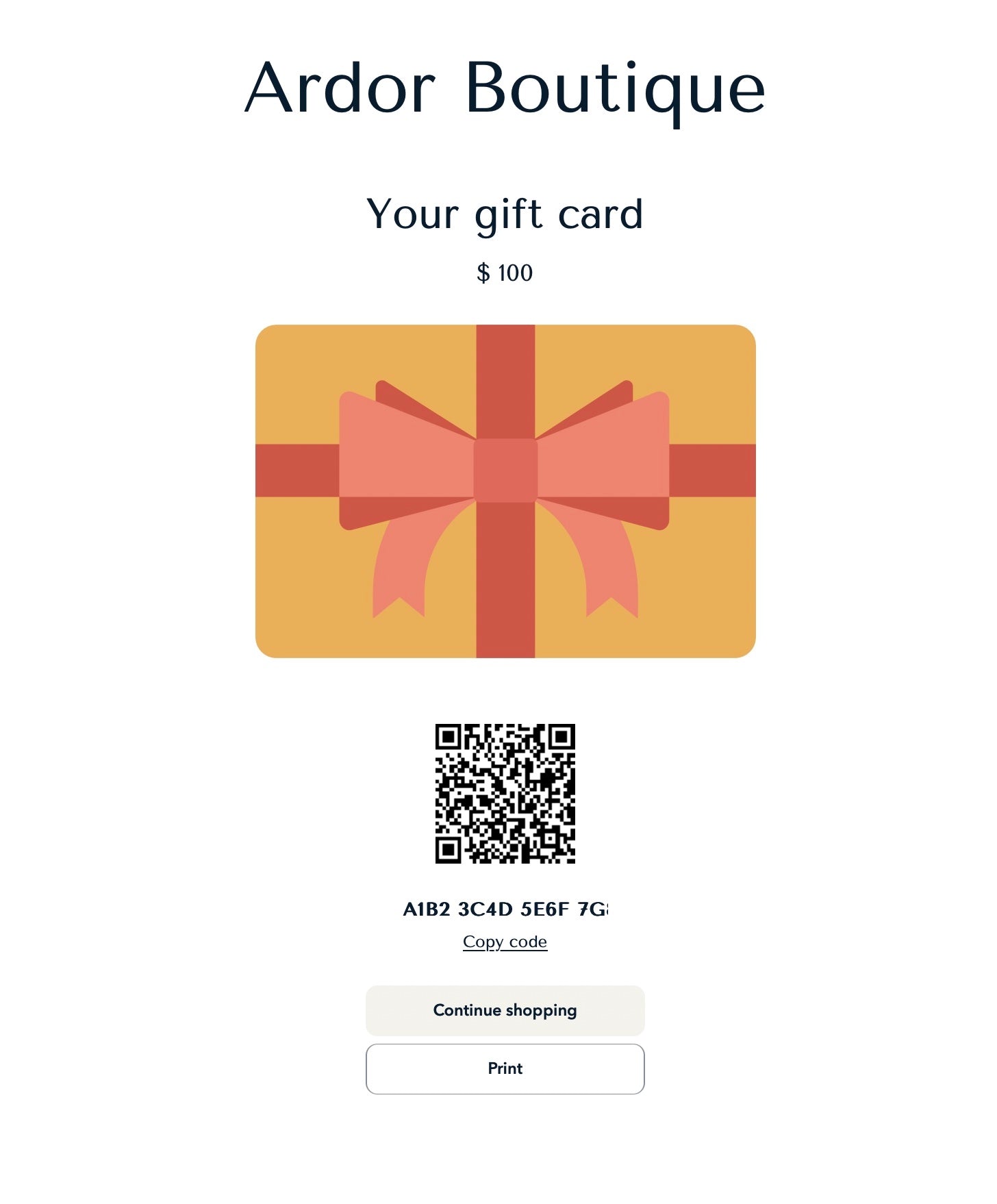 image of what the e-gift card displays as printable