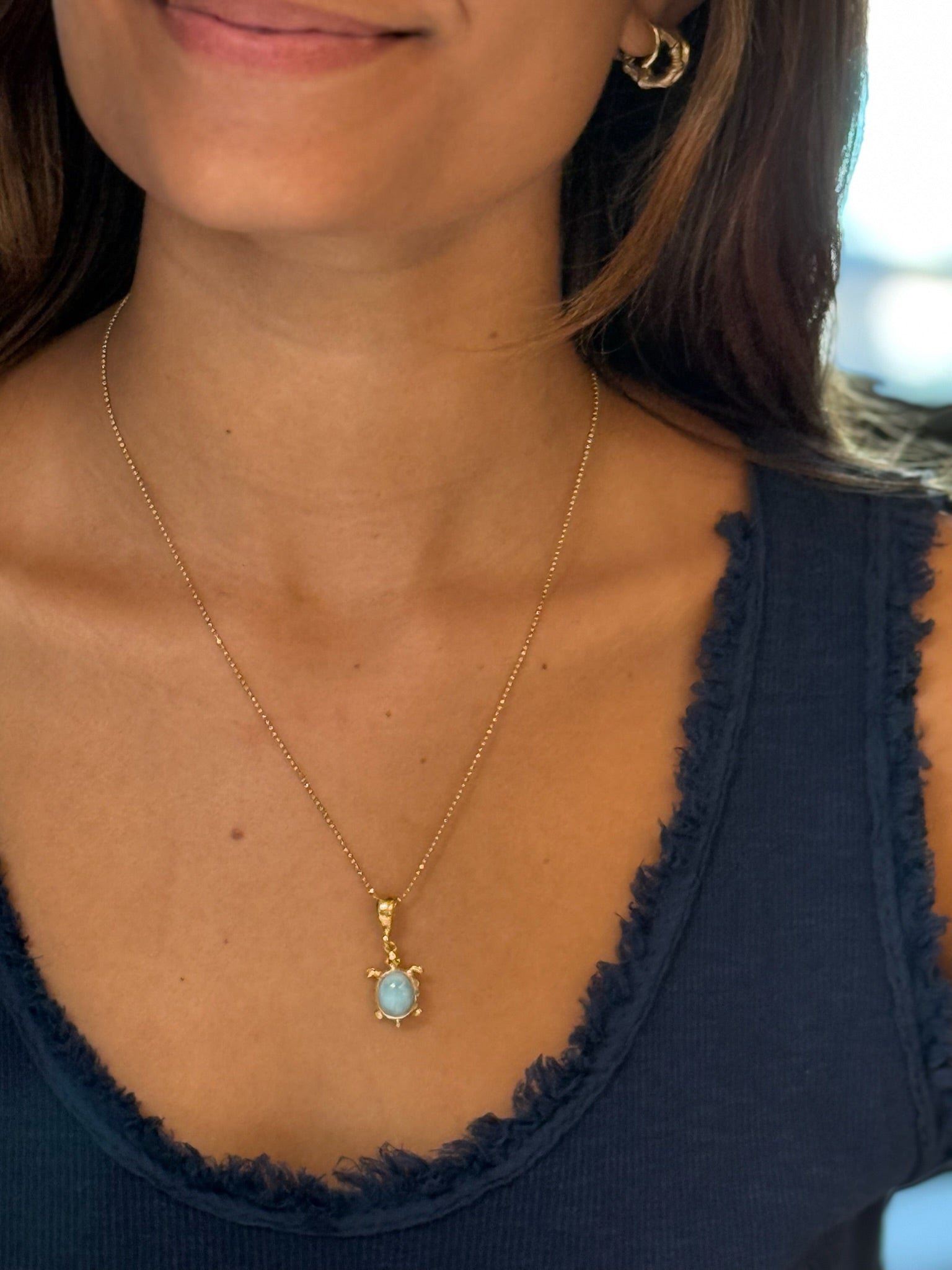 Theresa Larimar Turtle Necklace on model