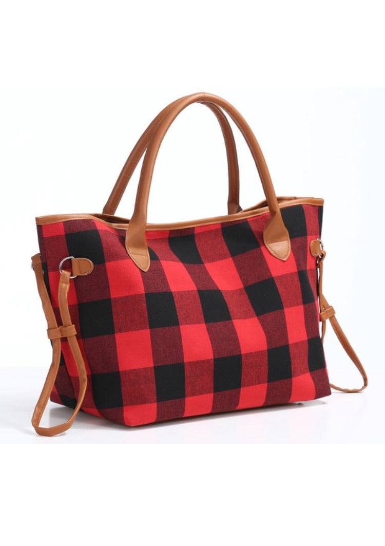 red buffalo plaid handbag