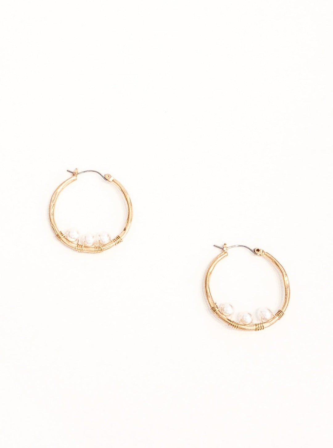 Gold Plated Hoop earrings with wire wrapped fresh water pearls with self closure, length : 1 1/4" hoop