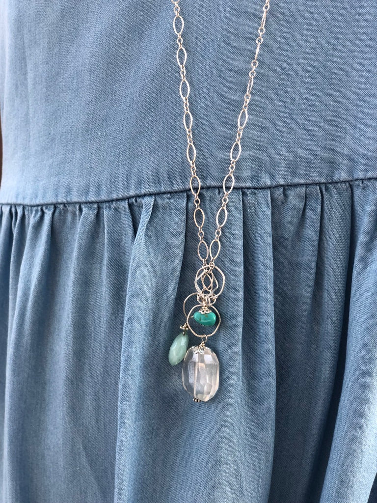 Fiji nh Necklace with Peruvian Chalcedony, Kingman Turquoise, and Smoked Quartz Pendants